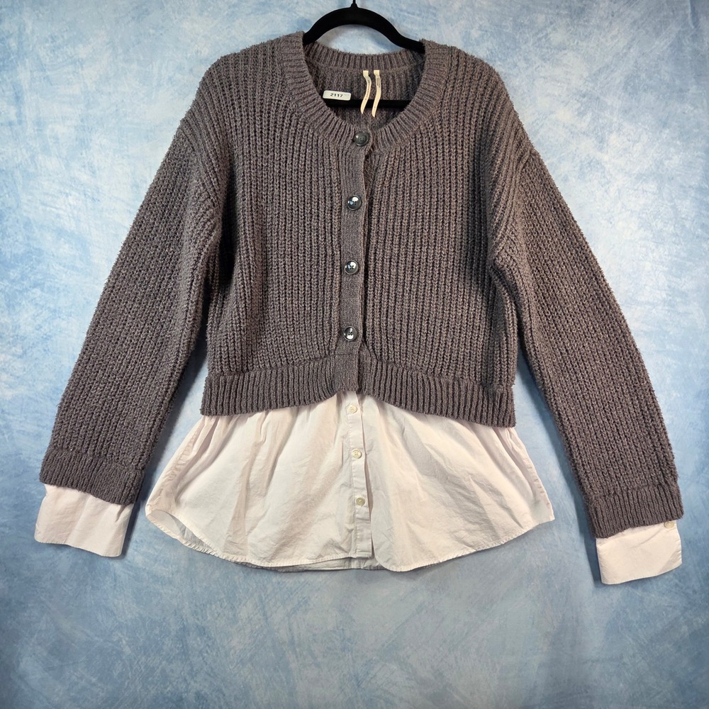 Anthropologie Mixed Media Layered Cardigan Sweater Mauve Purple White Size M‎